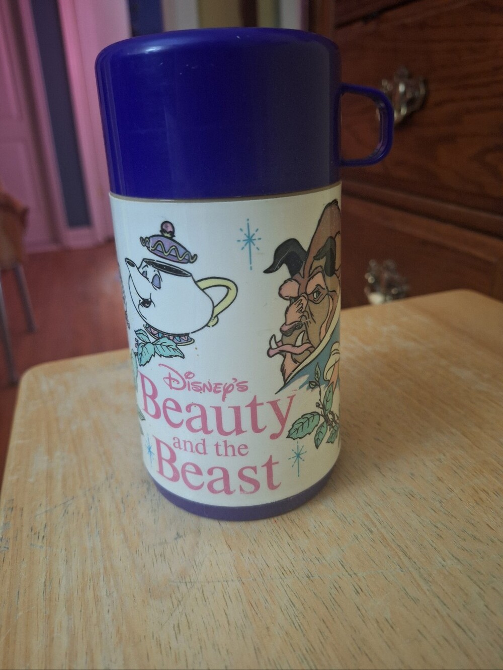 Vintage 1991 Beauty And Beast-Disney`Plastic Lunch Box-Thermos`With Sippy Top